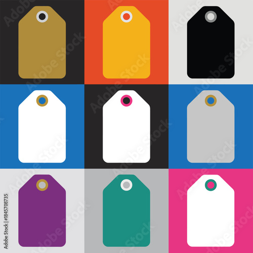 Modern blank label and price tag icon set with colorful retail merchandise tags flat vector illustration collection