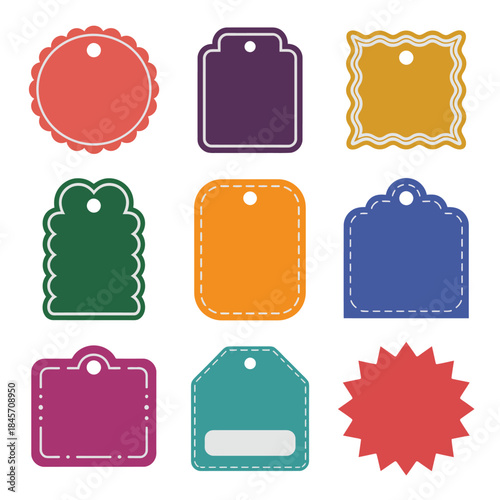 Decorative blank label and badge tag icon set with stitched shapes retail product pricing flat vector illustration collection