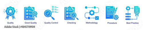 Quality and methodology web banner icon vector illustration for process excellence with quality control, checking, good quality, procedures, best practices, and methodology icons.