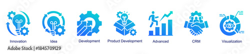 Innovation and development web banner icon vector illustration for creative growth with innovation, ideas, visualization, advanced tools, CRM, and product development icons.