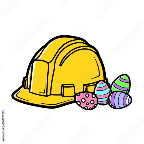 Yellow hard hat with colorful Easter eggs on white background  