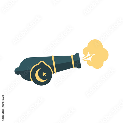 Flat illustration of a dark green cannon with a yellow crescent moon and star, firing a yellow smoke burst against a white background.
