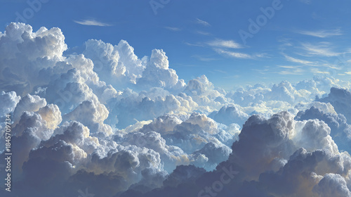 A vast expanse of fluffy clouds floating in the bright blue sky. The sunlight illuminates the clouds creating a beautiful aerial view. 