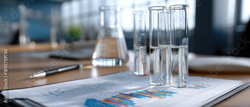 High-resolution science laboratory background featuring double exposure of test tubes, beakers, and analytical charts on a blue glass surface, perfect for research themes