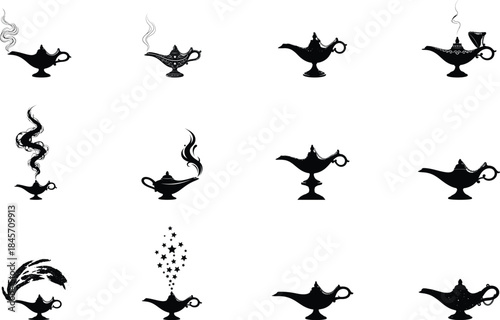 Collection of 12 black oil lamp silhouettes with smoke on white background