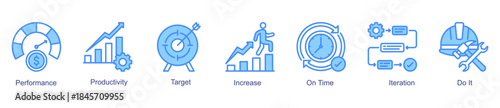 Productivity and performance web banner icon vector illustration for operational improvement with performance, productivity, iteration, increase, on-time work, and target icons.