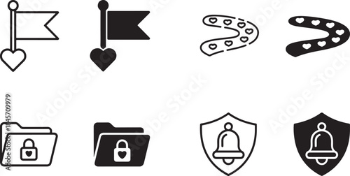 Modern digital vector icons set for web design and mobile applications including flag heart path secure folder and notification shield symbols