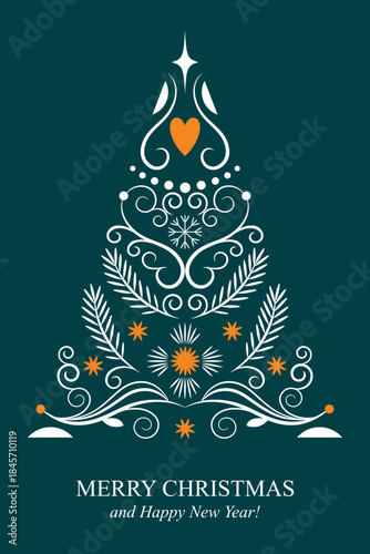 Ornamental Christmas Tree Vector Illustration. Christmas tree composed of elegant calligraphic swirls