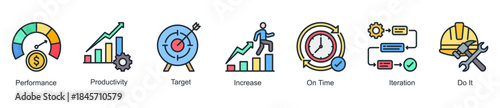 Productivity and performance web banner icon vector illustration for operational improvement with performance, productivity, iteration, increase, on-time work, and target icons.