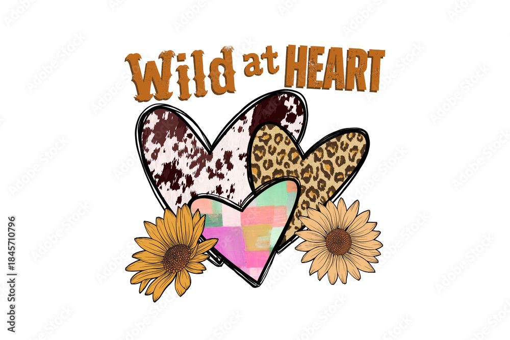 Obraz premium Wild at heart, Valentine western with animal print hearts and yellow sunflowers illustration Sublimation Design
