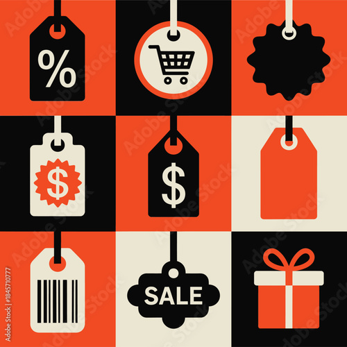 Discount and sale price tag icon collection with percent dollar cart gift marketing flat vector illustration design set