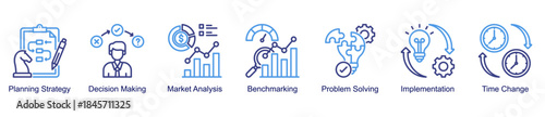 Strategy and decision-making web banner icon vector illustration for business management with planning strategy, benchmarking, problem solving, implementation, and decision-making icons.