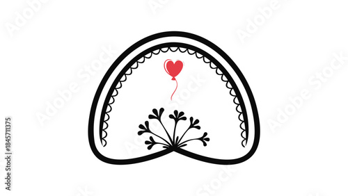 A pink half oval shape with a red heart shaped balloon floating above a small plant with multiple stems and leaves on a white background