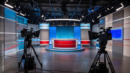Modern television news studio interior with professional cameras lighting rig and broadcast desk ready for live production