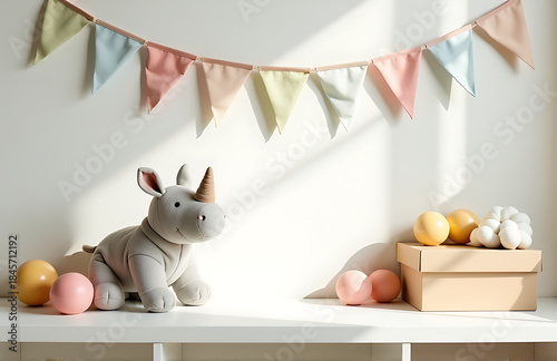 serene nursery scene captures plush rhino toy amidst colorful design toys box minimalist white shelf