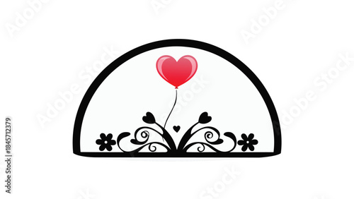 Pink semicircle base with one red heart balloon and black floral design on white background for valentine's day or love themed designs and decorations