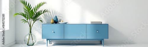 serene minimalist living room features sleek blue commode positioned bright white wall flanked lush greenery simple