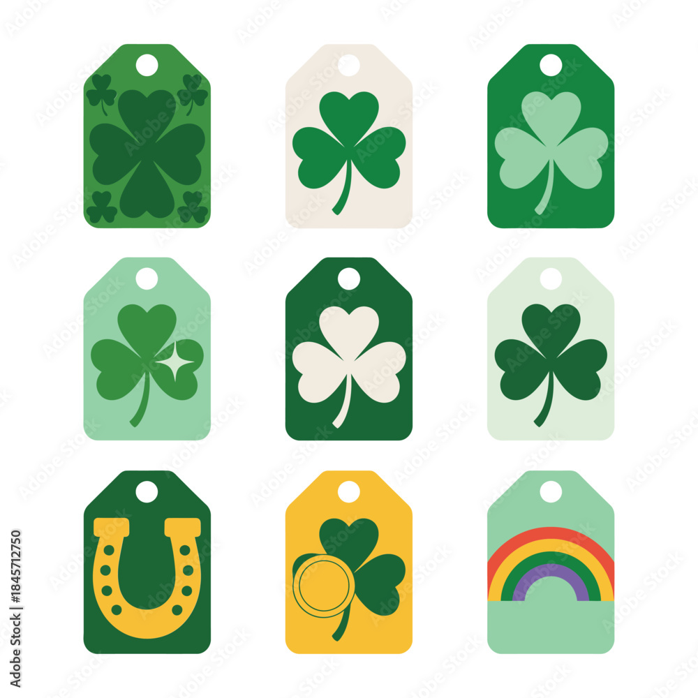 Fototapeta premium Lucky shamrock gift tag icon collection with clover horseshoe rainbow coin Saint Patrick festive flat vector illustration set