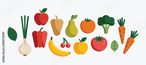 Fresh produce vector illustration showing vibrant fruits, vegetables, and leafy greens, promoting nutrition, wellness, and healthy lifestyle concepts in flat vector style