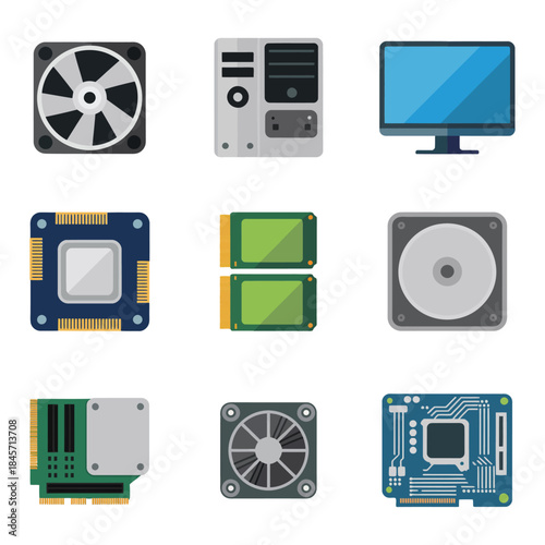 Advanced computer hardware and system component illustration set featuring cpu gpu storage fan monitor flat vector design elements