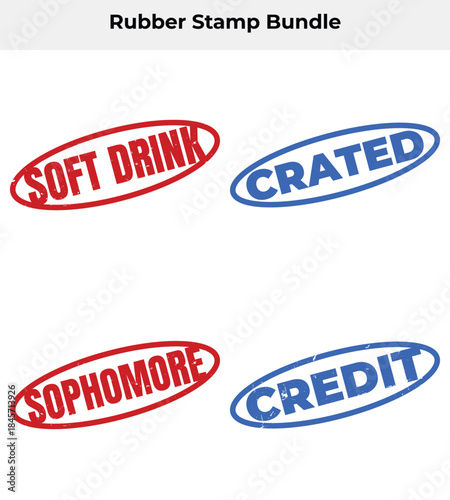 Set of Oval Rubber Stamps Featuring Words 'Soft Drink', 'Crated', 'Sophomore', 'Credit'