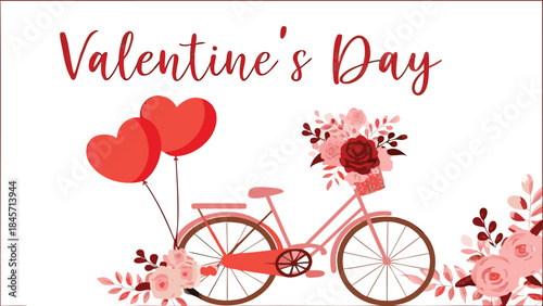 Pink bicycle with red heart balloons flowers on valentine's day