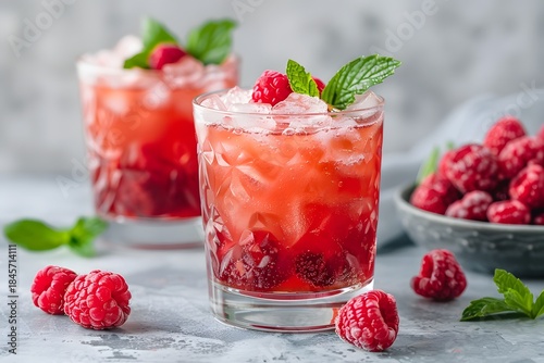 Two glasses hold a raspberry drink filled with ice and garnished with mint. Fresh raspberries are nearby, adding color to the scene. The background is soft and bright