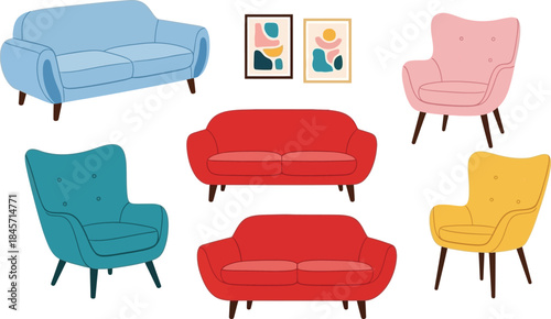 Minimalist cad style furniture vector set sofas armchairs and abstract art for architectural visualization interior design projects and 2d cad drawings isolated on transparent background