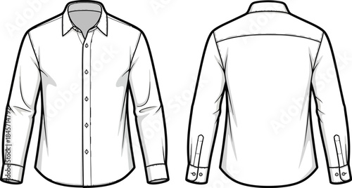 Minimalist cad style white men s button down long sleeve shirt vector front back view technical drawing apparel design fashion sketch garment blueprint isolated on transparent background