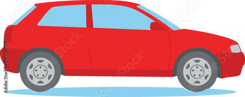 Red compact car side view, hatchback design, tinted windows, gray wheels, flat vector illustration, transportation, vehicle, auto icon