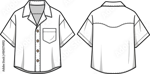 Minimalist cad style short sleeve camp collar shirt vector flat design front and back view technical drawing for apparel projects isolated on transparent background