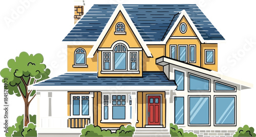 Minimalist cad style house vector residential building design elements for cad projects isolated on transparent background