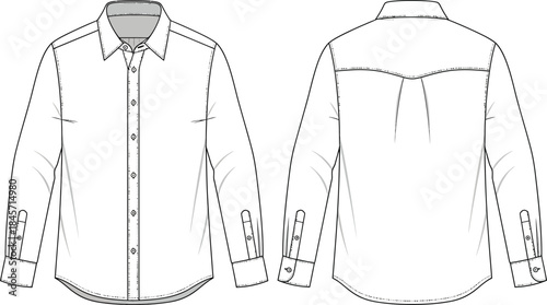 Minimalist cad style long sleeve shirt flat sketch vector front and back view technical drawing for apparel design isolated on transparent background