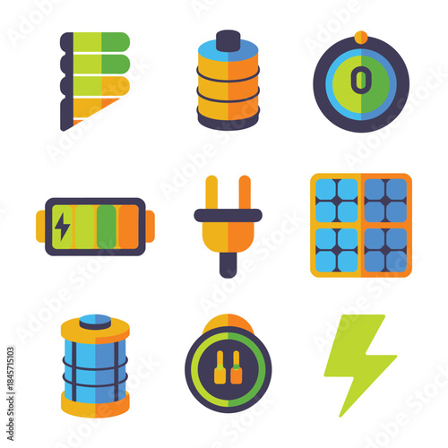Battery power and energy storage icon collection with accumulators chargers plugs lightning symbols flat vector illustration set