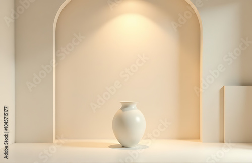 room bathes soft overhead light elegantly simple vase stands centered monochromatic beige backdrop flanked