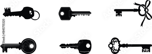 Collection of seven unique antique keys on white background