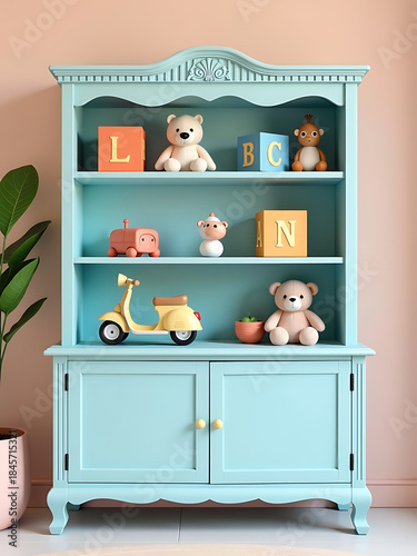 pastel blue shelving unit fluted details supports vibrant arrangement toys including miniature scooter plush creatures