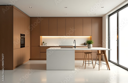minimalist modern kitchen interior features warm brown panel design showcasing cabinetry kitchen island