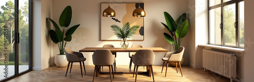 modern dining room captured warm golden light stylishly eclectic mix abstract art luxurious gold pendant lamps brown
