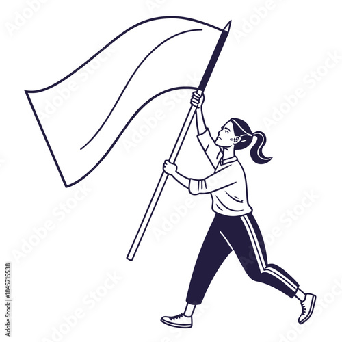 Woman holding and waving a blank white flag, line art illustration of a female character with a banner or pennant on a pole, concept of protest, surrender, or announcement