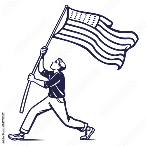 Man holding and waving the american flag, patriotic illustration in outline style