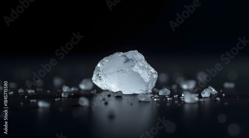 Extreme macro abstract shot of a single grain of sea salt on a minimalist black background.