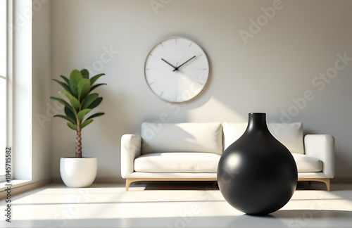 minimalist living room features sleek black sculpture foreground subtle white clock wall shot