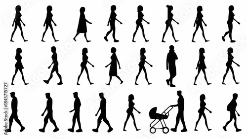 Collection of diverse people walking in various poses and styles