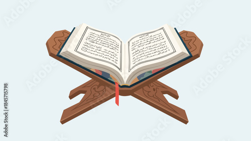 An open book resting on a wooden lectern against a light blue background.