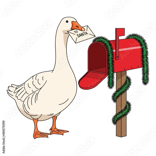 White goose delivering a seasonal letter addressed to winter figure inside a decorated red mailbox