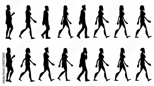 Diverse people walking in various business casual outfits and poses