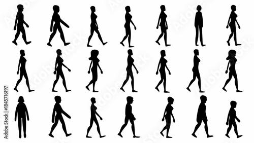 Collection of diverse human silhouettes walking in various poses