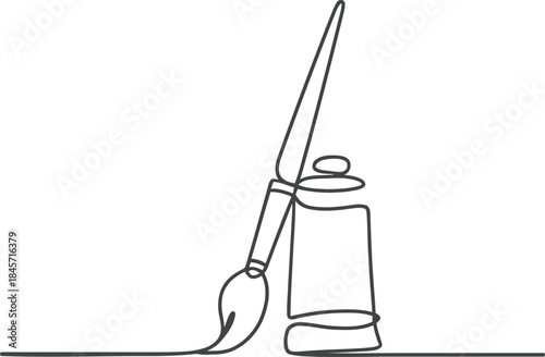 Continuous Line Drawing of Paintbrush and Ink Bottle