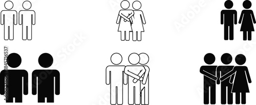 Minimalist people icons showing couples and groups in outline and solid styles, simple vector illustration representing relationships, teamwork, and community